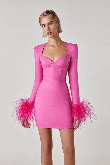 Woochic robe à plumes col carré taille haute rose2 XS